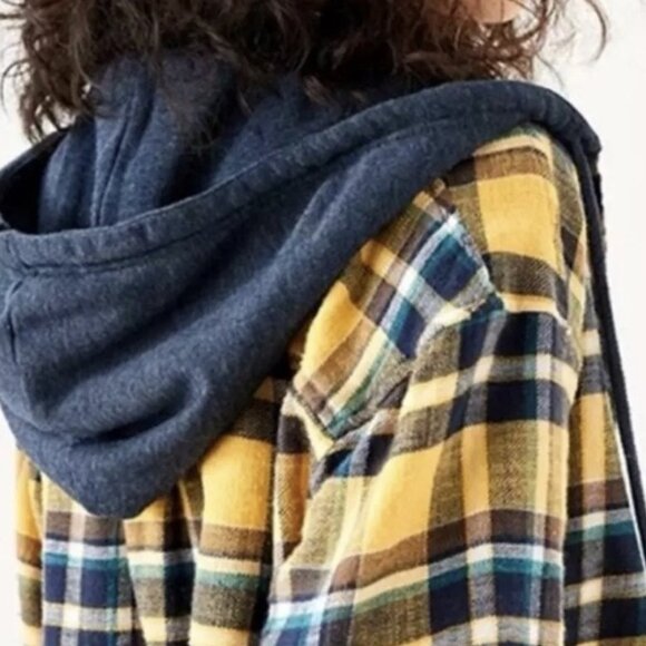 American Eagle AE Cropped Flannel Hooded Shirt Top XS Mustard Yellow Blue Brown - Picture 11 of 11